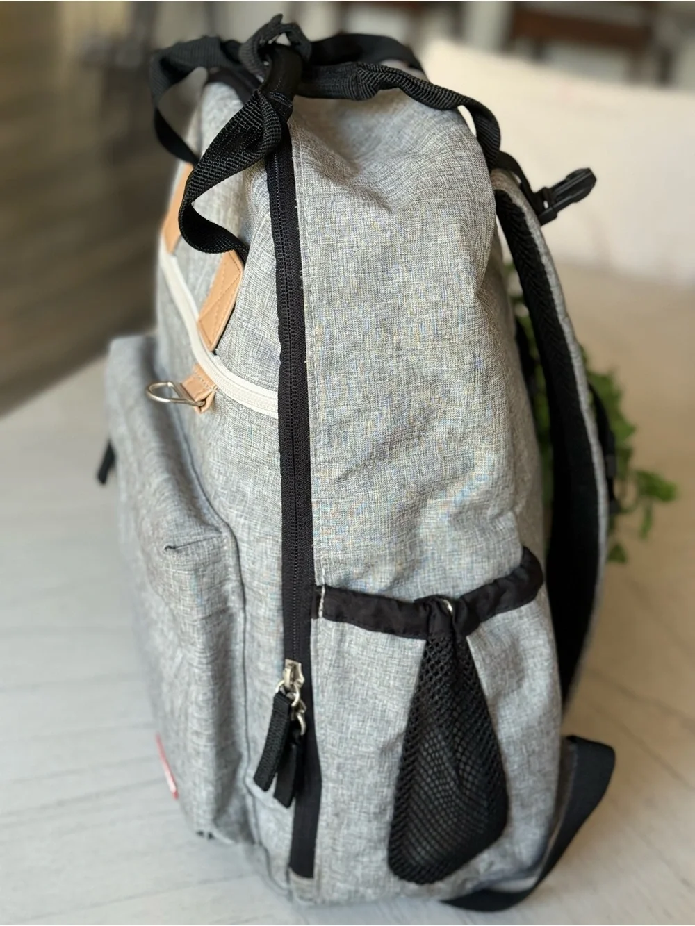 Skip Hop Light Gray Diaper Bag with Black Accents and Tan Trim